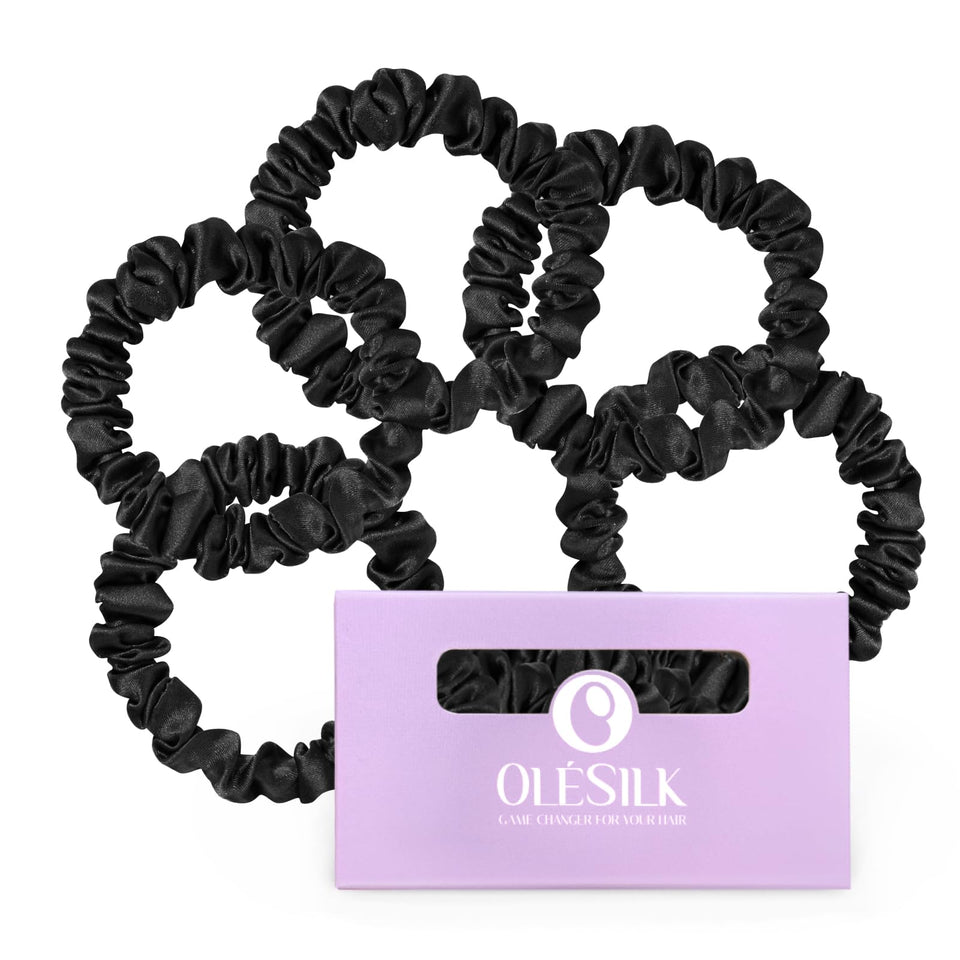 OLESILK silk hair ties packaging in a purple box, ideal gift option.