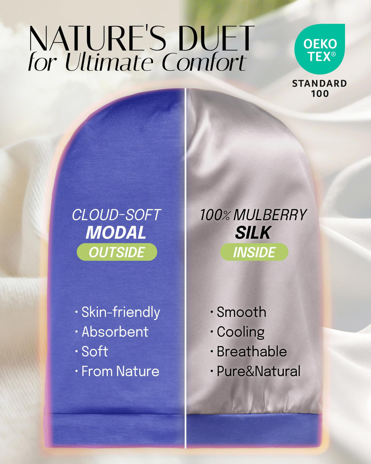 OLESILK Silk Lining Closeup shows premium mulberry silk for gentle, hair-friendly touch.