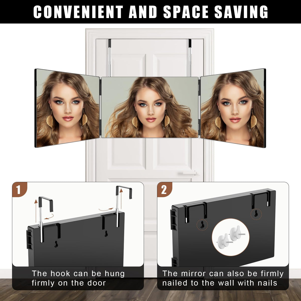 OLIBUY portable folding 3-way mirror for travel.