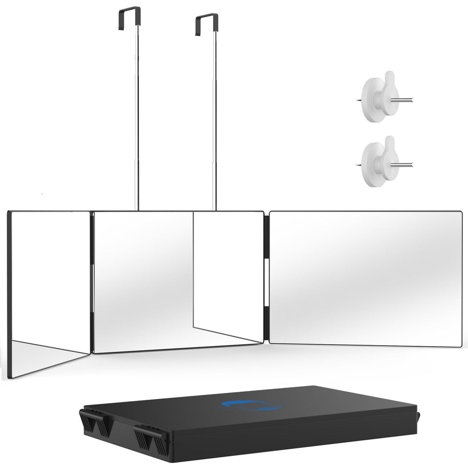 OLIBUY 3-way mirror shows haircut angle for precise styling.