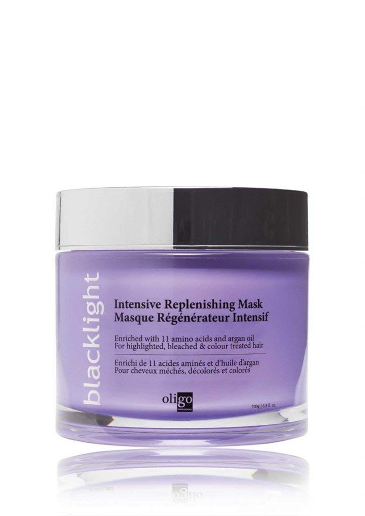 Oligo Blacklight Intensive Replenishing Mask jar close-up for moisture boost in dry hair