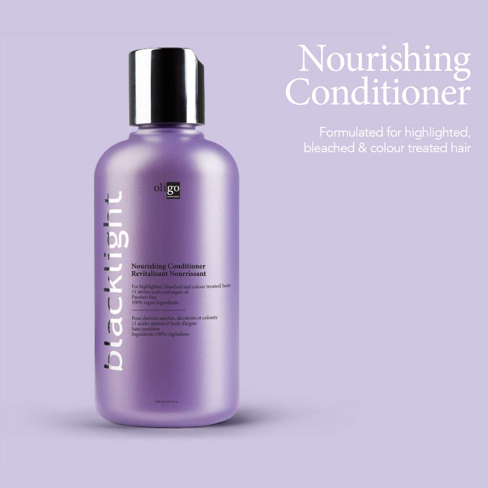Oligo Blacklight Nourishing Conditioner ingredients list highlights argan oil and amino acids.