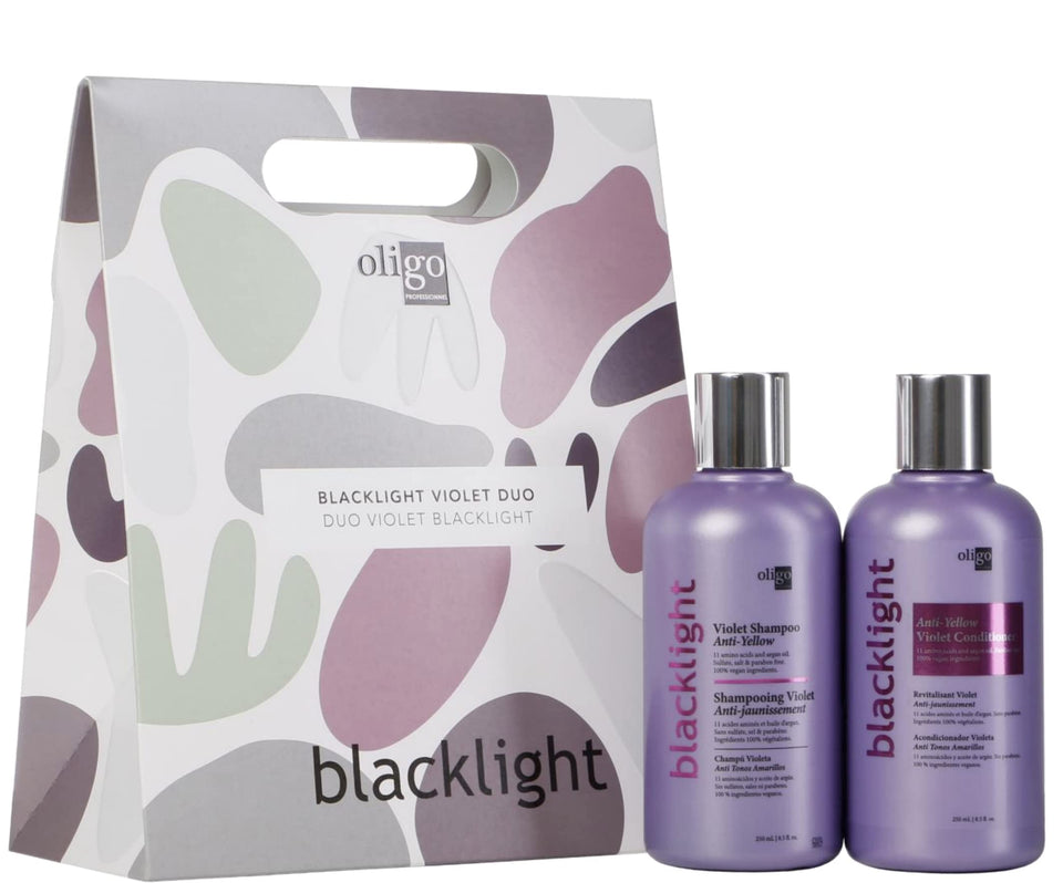 Packaging shot of Oligo Blacklight Violet Shampoo and Conditioner bundle brightening blonde hair