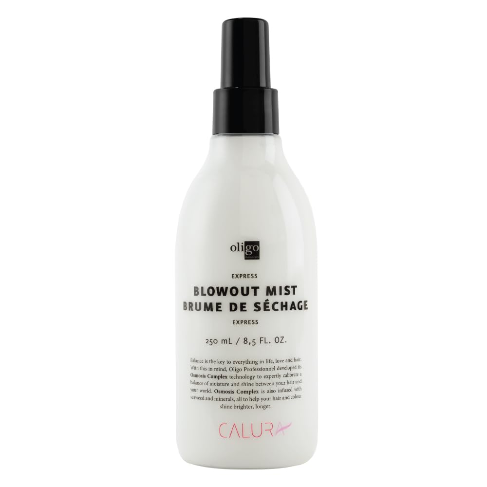 Oligo Calura Express Blowout Mist bottle provides mineral-infused heat protection for fast blow-drying.