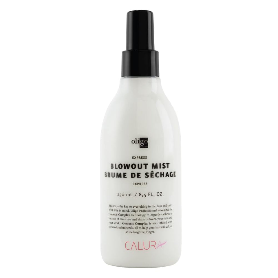 Oligo Calura Express Blowout Mist bottle provides mineral-infused heat protection for fast blow-drying.