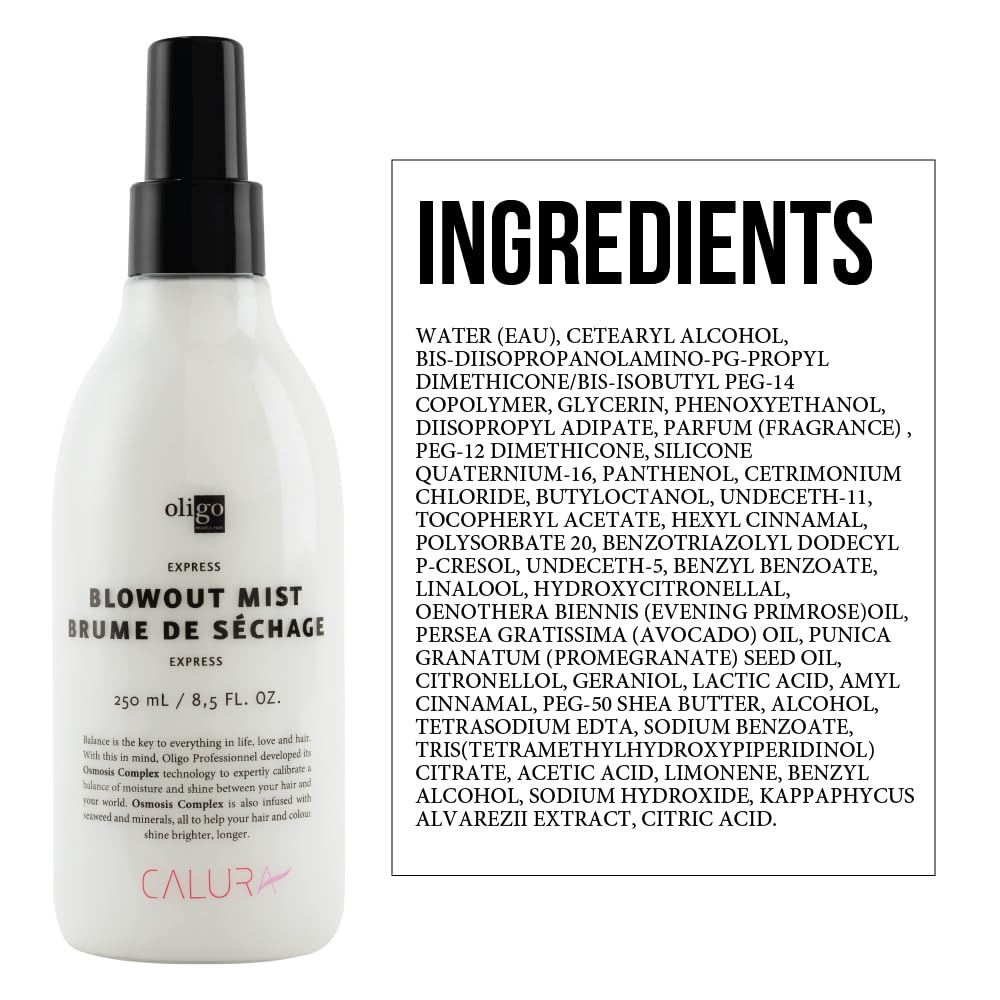 Oligo Calura Express Blowout Mist offers lightweight heat-shield during styling.