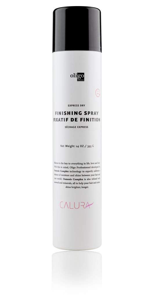 Oligo Calura Finishing Finishing Hairspray shown from angle for even coverage and long-lasting hold