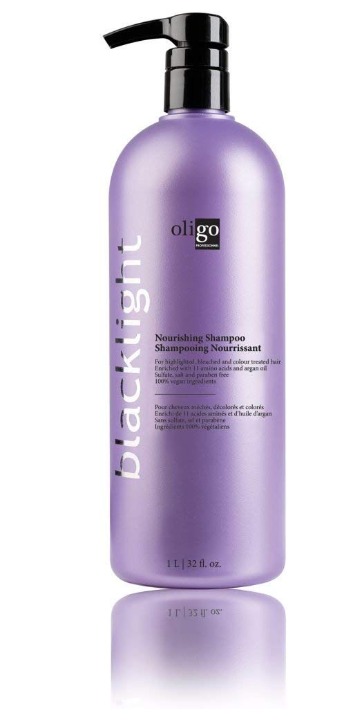 Oligo Professionnel Blacklight Nourishing Shampoo bottle showing hydrating care for color-treated hair.