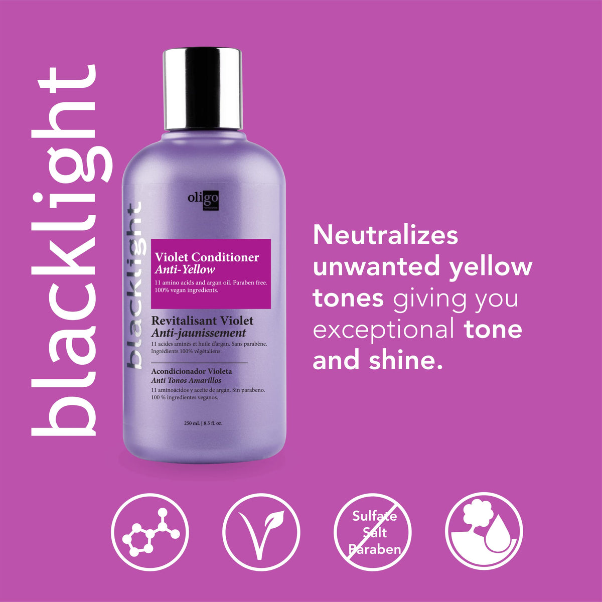 Purple-toning action on hair reduces yellow tones in blond locks