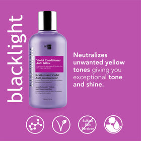 Purple-toning action on hair reduces yellow tones in blond locks
