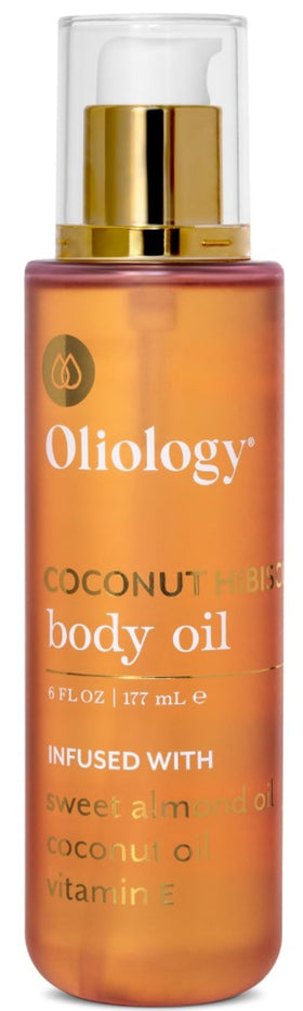 Oliology Coconut Hibiscus Body Oil bottle pour for fast hydration and radiant skin.