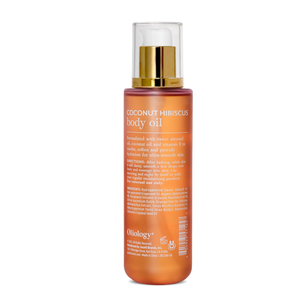 Oliology Coconut Hibiscus Body Oil label closeup highlighting natural ingredients and luxurious scent.