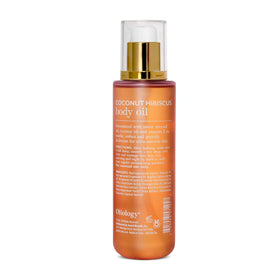 Oliology Coconut Hibiscus Body Oil label closeup highlighting natural ingredients and luxurious scent.