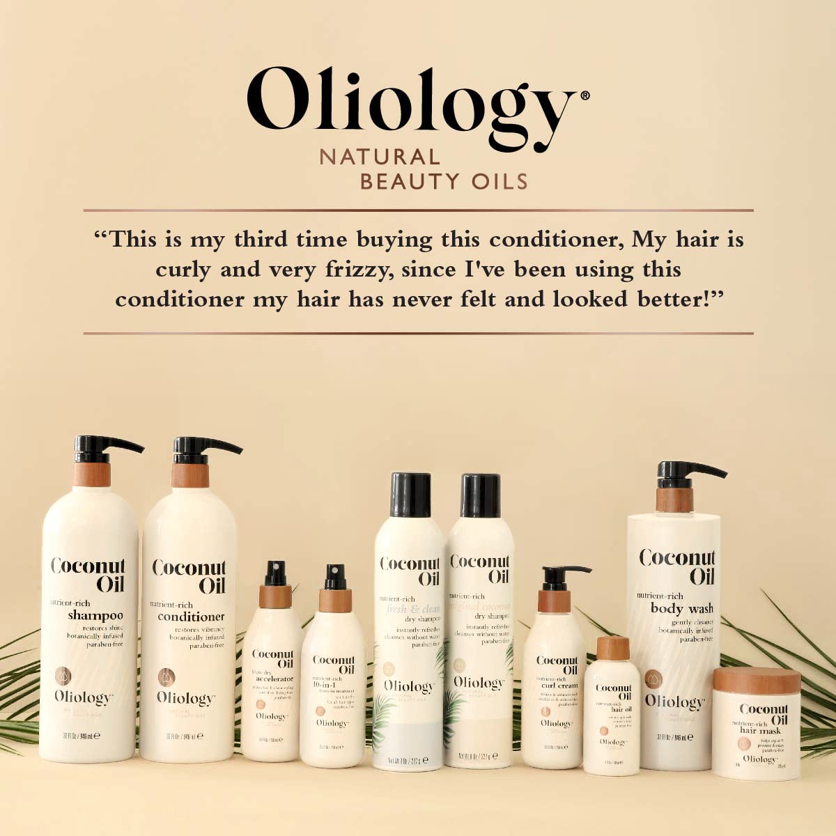 Daily hair care ritual shot with Oliology coconut oil focus.