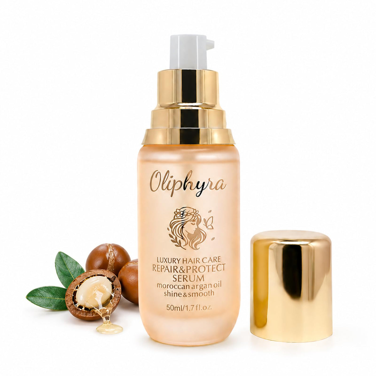 Oliphyra Hair Oil bottle with argan and jojoba for glossy shine.