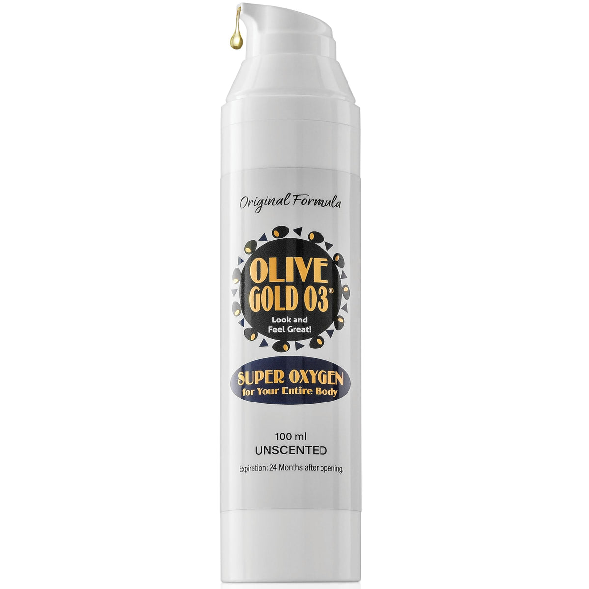 Olive Gold 03 bottle pour highlights ozone-rich moisturizer for daily skin care.