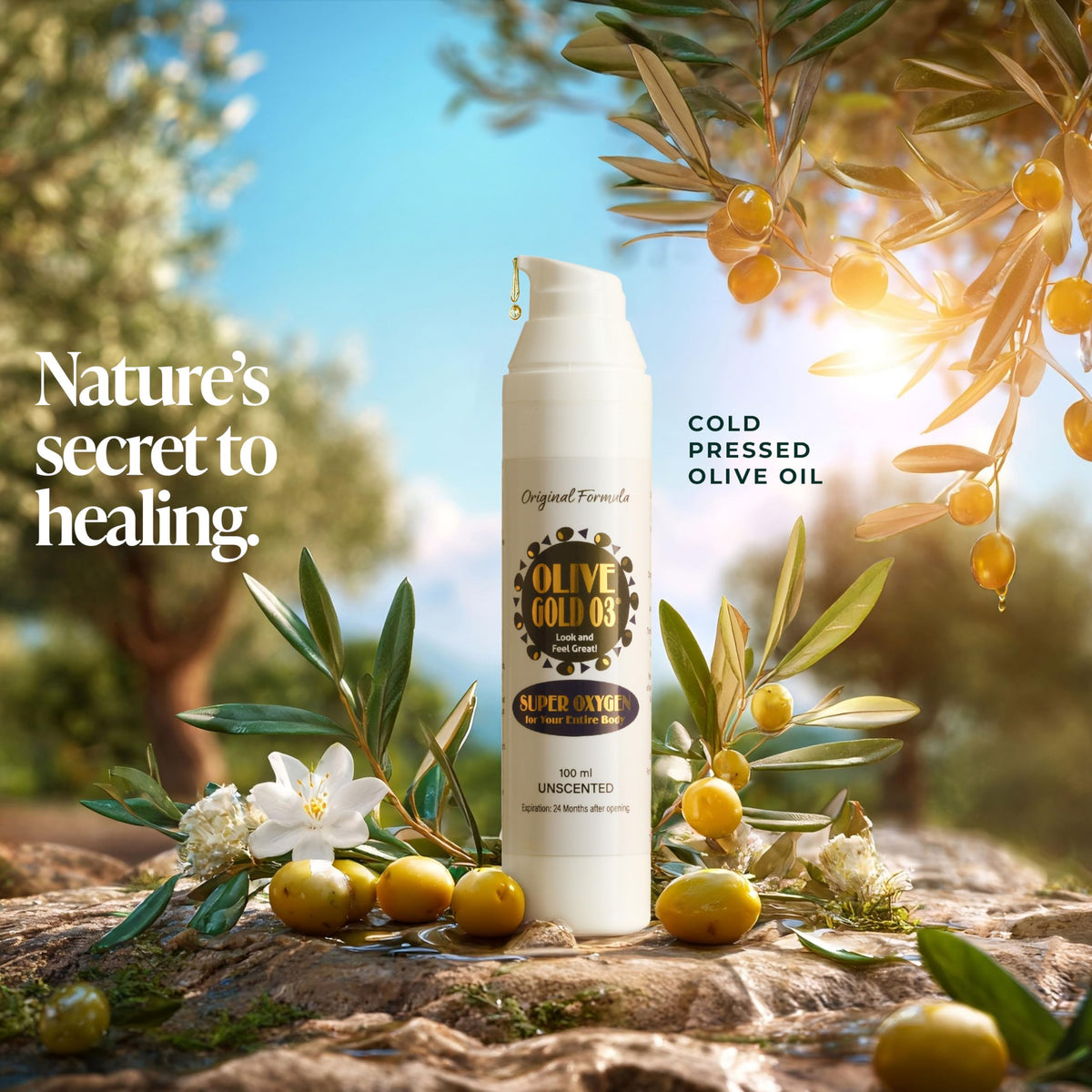 Olive Gold 03 face and body use illustrates versatile hydration.