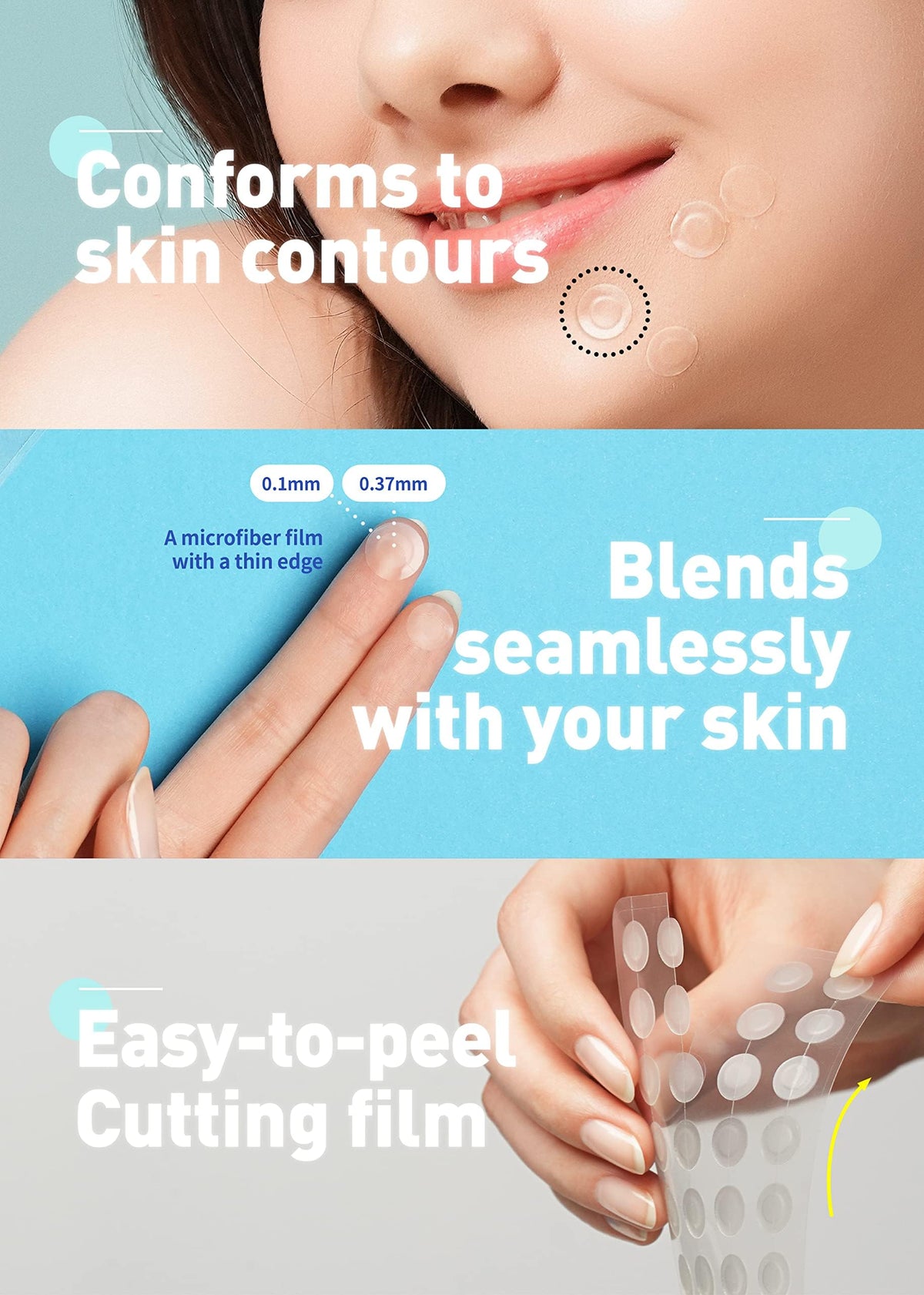 Olive Young Care Plus Spot Patch applied on skin suggests quick improvement within hours.