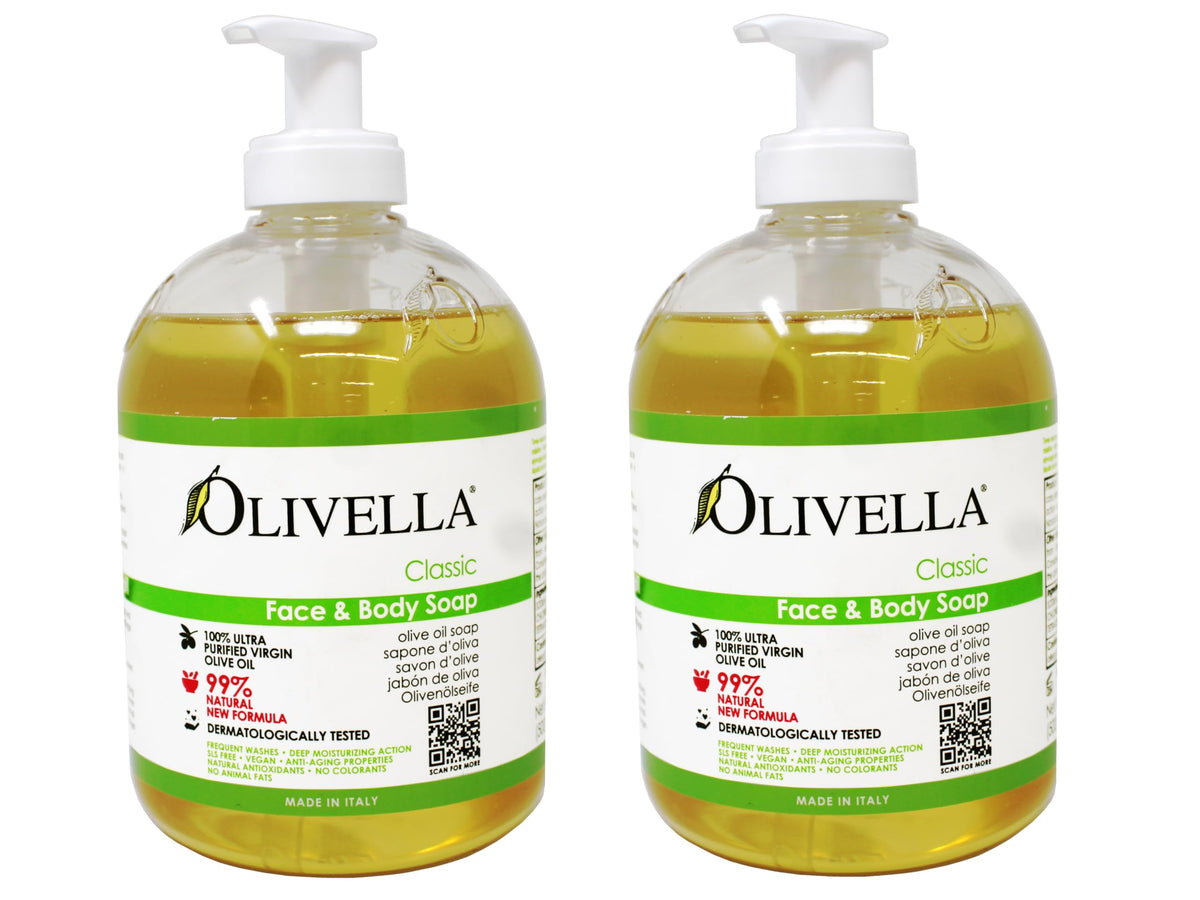 Olivella face and body soap bottle front view with daily cleansing and hydration.