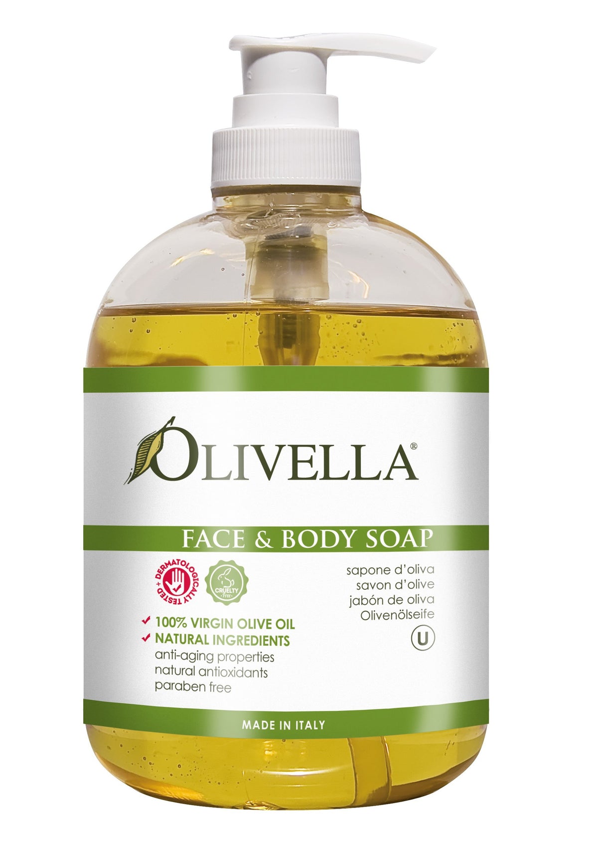 Olivella face and body soap pump bottle with virgin olive oil for gentle cleansing on sensitive skin