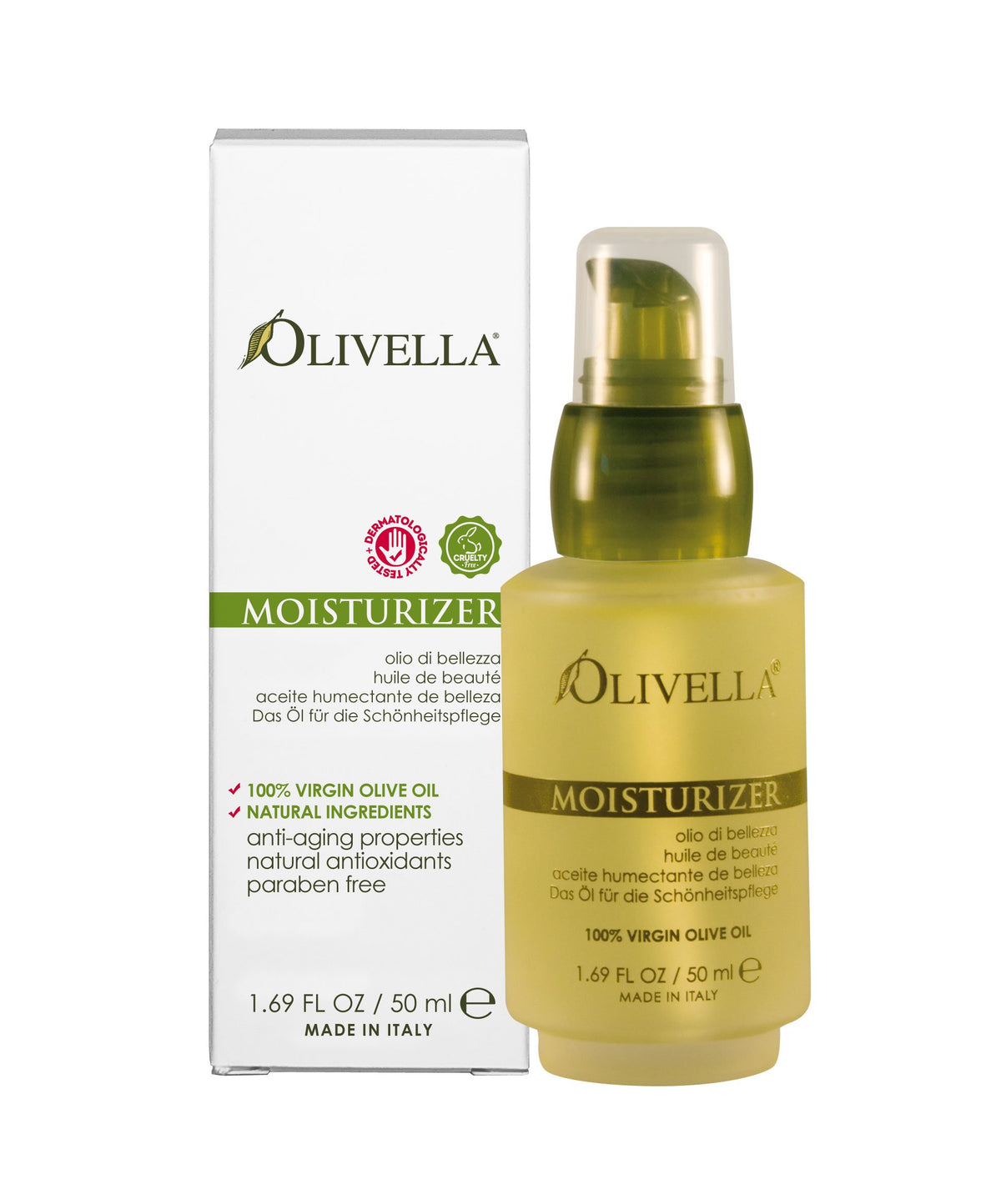 Olivella Virgin Olive Oil Moisturizer bottle delivering all-skin hydration.