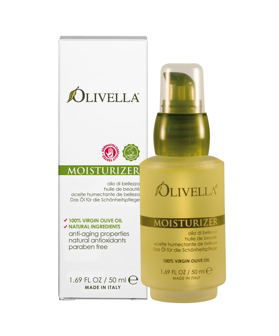 Olivella Virgin Olive Oil Moisturizer bottle delivering all-skin hydration.