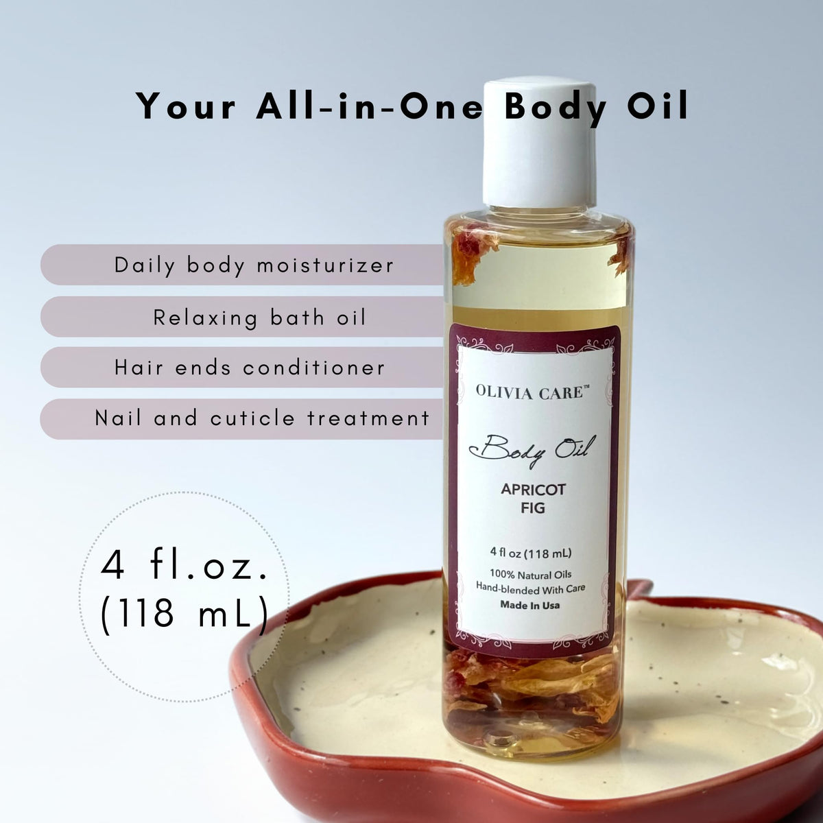Olivia Care Body Oil Apricot Fig apricot close-up hints at nourishing softness.