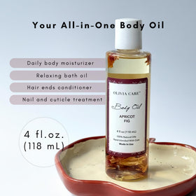 Olivia Care Body Oil Apricot Fig apricot close-up hints at nourishing softness.