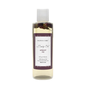 Olivia Care Body Oil Apricot Fig bottle highlights natural hydration for daily skin.