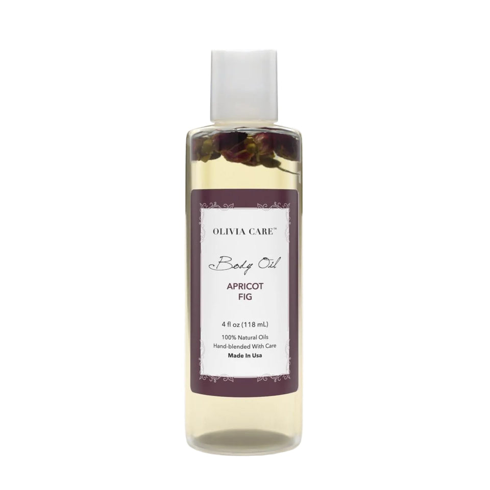 Olivia Care Body Oil Apricot Fig bottle highlights natural hydration for daily skin.
