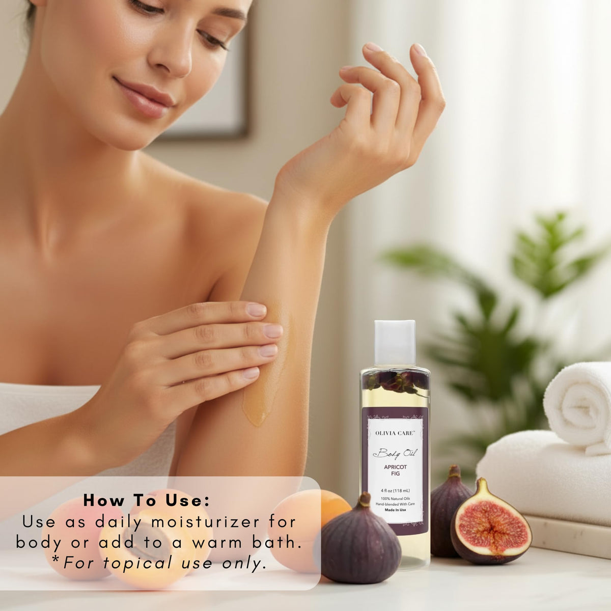 Olivia Care Body Oil Apricot Fig fig close-up emphasizes omega-rich nourishment.
