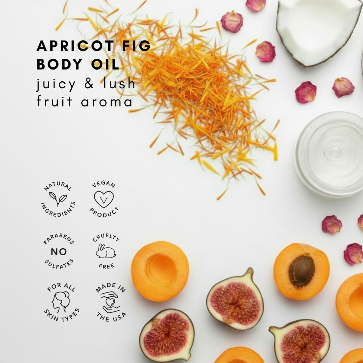 Olivia Care Body Oil Apricot Fig fragrance swirls evoke refreshing, spa-like aroma.