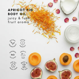 Olivia Care Body Oil Apricot Fig fragrance swirls evoke refreshing, spa-like aroma.