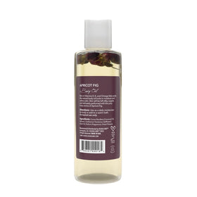 Olivia Care Body Oil Apricot Fig label highlights vitamin-rich formula benefits.