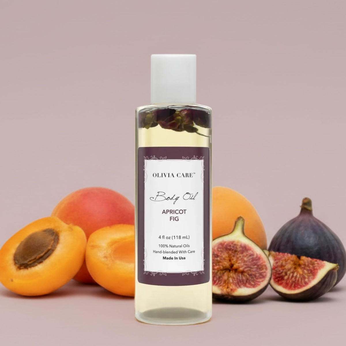 Olivia Care Body Oil Apricot Fig pour demonstrates easy application and fast absorption.
