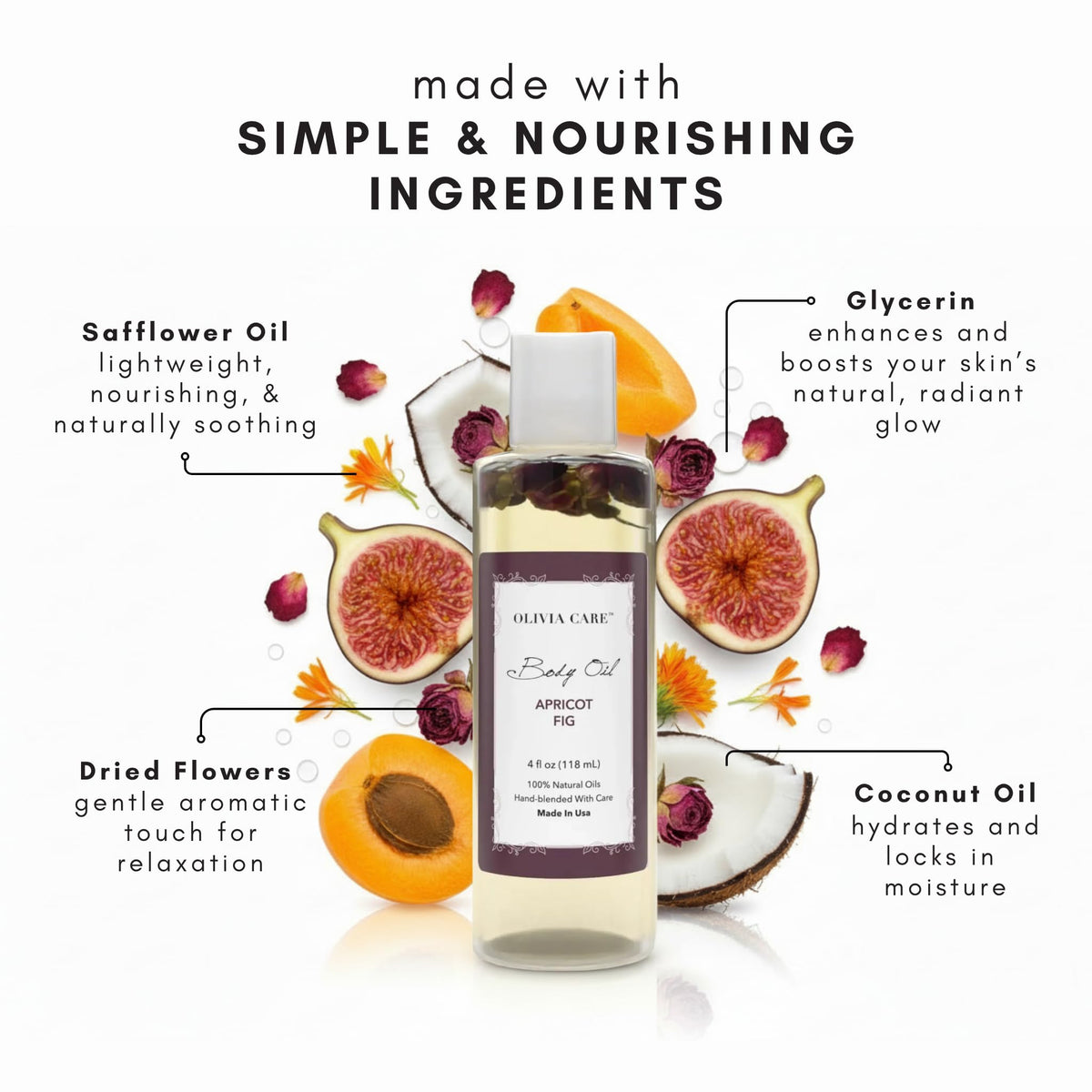 Olivia Care Body Oil Apricot Fig skin-application scene suggests smooth, radiant results.