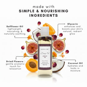 Olivia Care Body Oil Apricot Fig skin-application scene suggests smooth, radiant results.