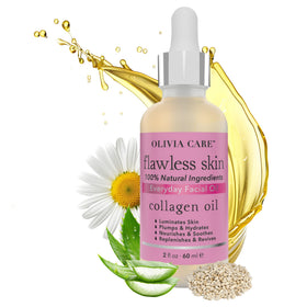 Olivia Care Collagen Facial Oil bottle on a clean surface signals hydration