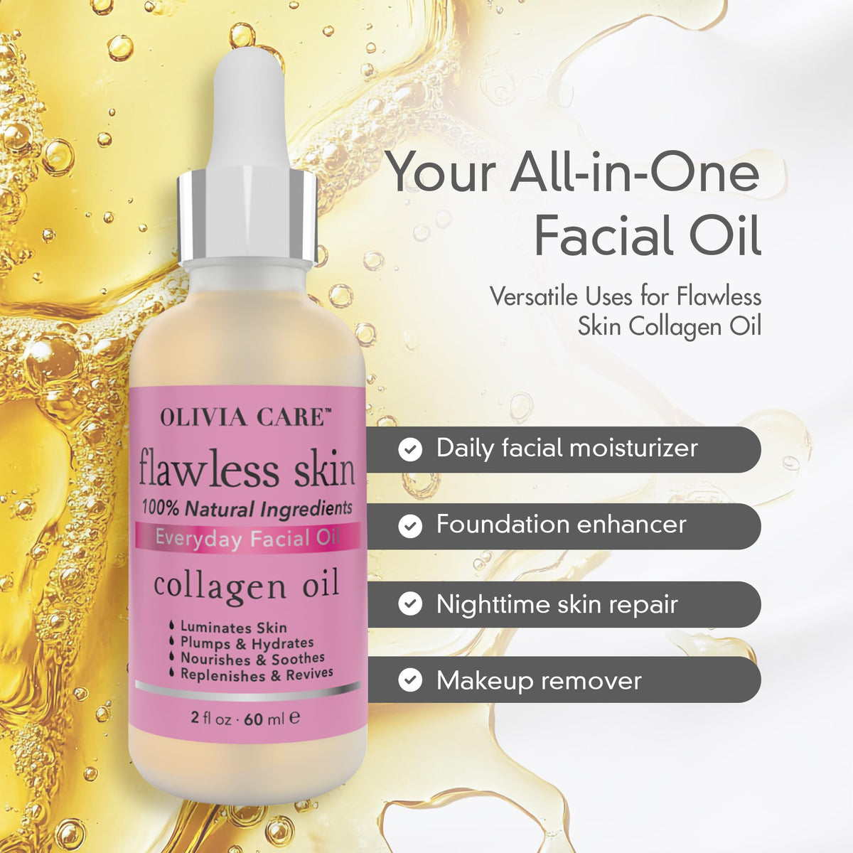 Olivia Care Collagen Facial Oil ingredients panel emphasizes natural nourishment