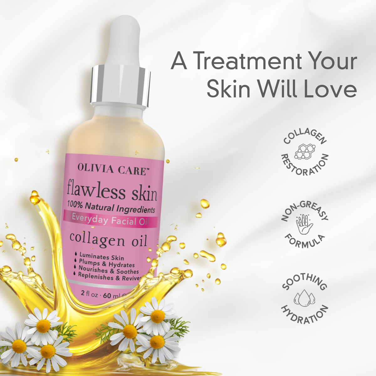 Olivia Care Collagen Facial Oil texture closeup shows silky serum