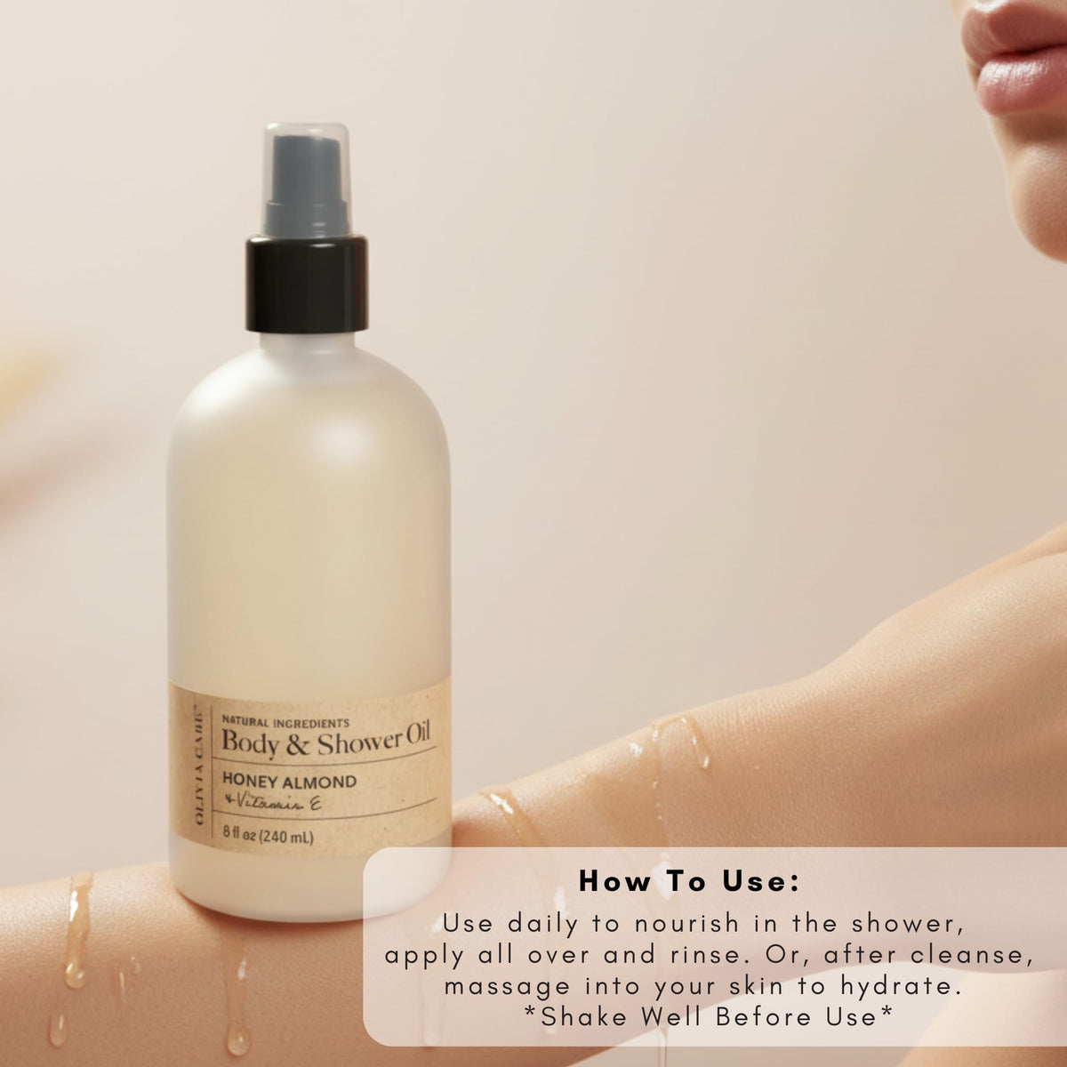 Olivia Care Honey Almond Oil after-shower use leaves a refreshed feel.