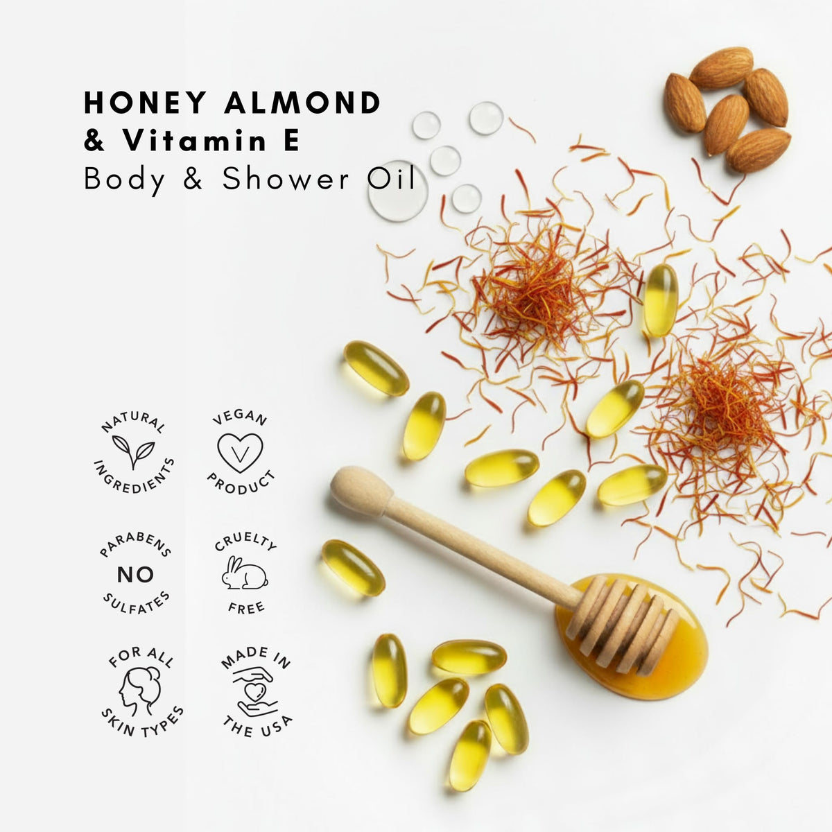 Olivia Care Honey Almond Oil with honey-almond extracts nourishes skin softly.