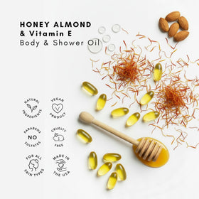 Olivia Care Honey Almond Oil with honey-almond extracts nourishes skin softly.