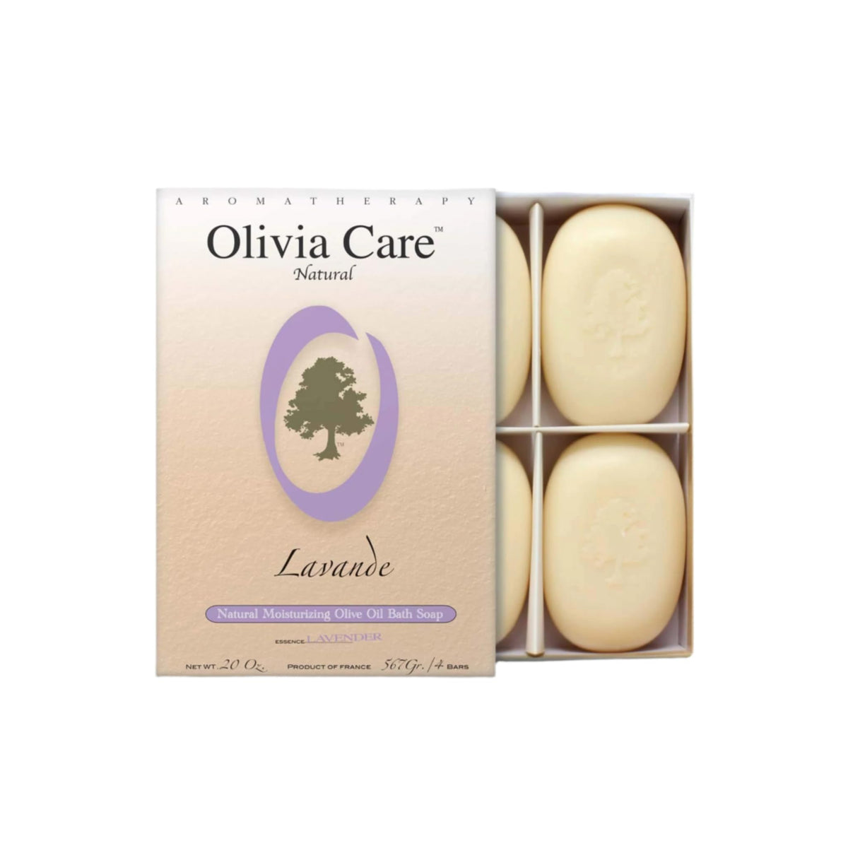 Olivia Care Lavender Bar Soap box set with four bars for face and body hydration