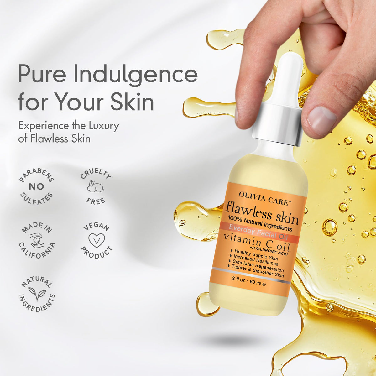 Olivia Care oil packaging product shot communicates premium, cruelty-free skincare you can trust.