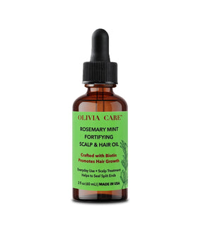 Olivia Care rosemary oil bottle close-up for scalp care and healthier hair.
