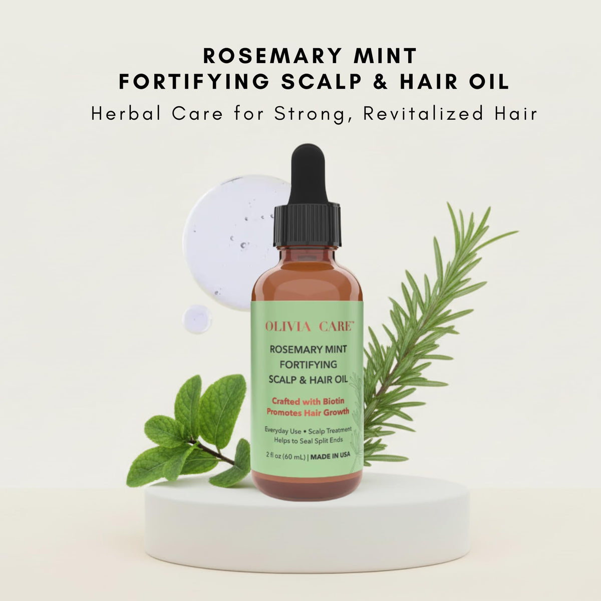 Olivia Care rosemary oil mint pour for refreshing scalp treatment.