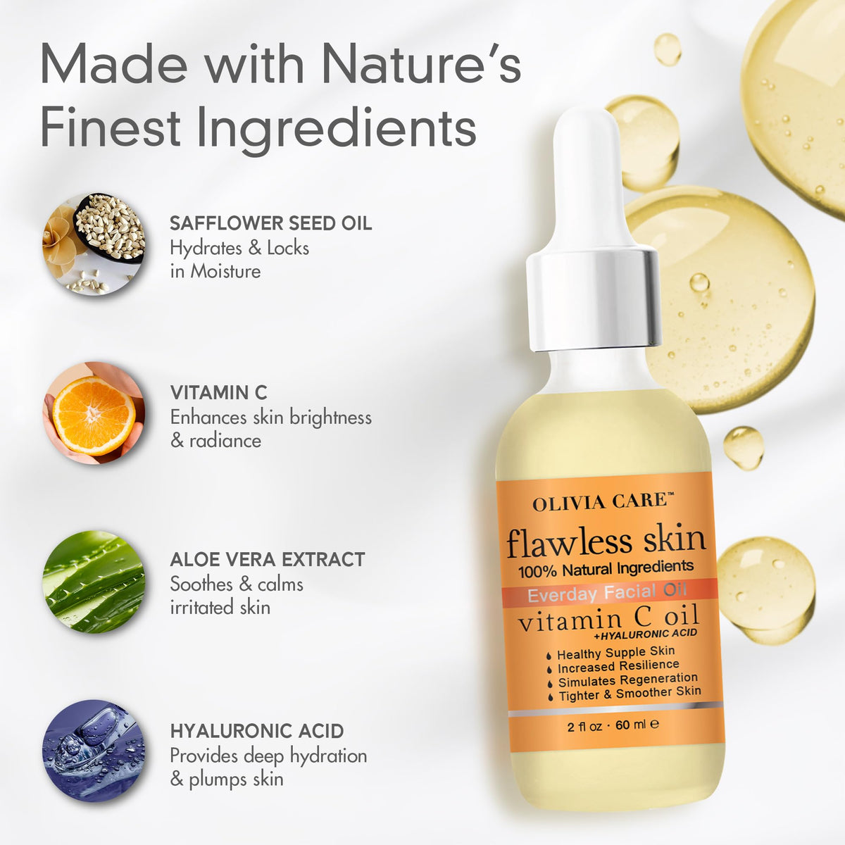 Olivia Care Vitamin C + Hyaluronic Oil application shot shows morning routine integration.