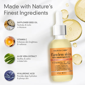 Olivia Care Vitamin C + Hyaluronic Oil application shot shows morning routine integration.