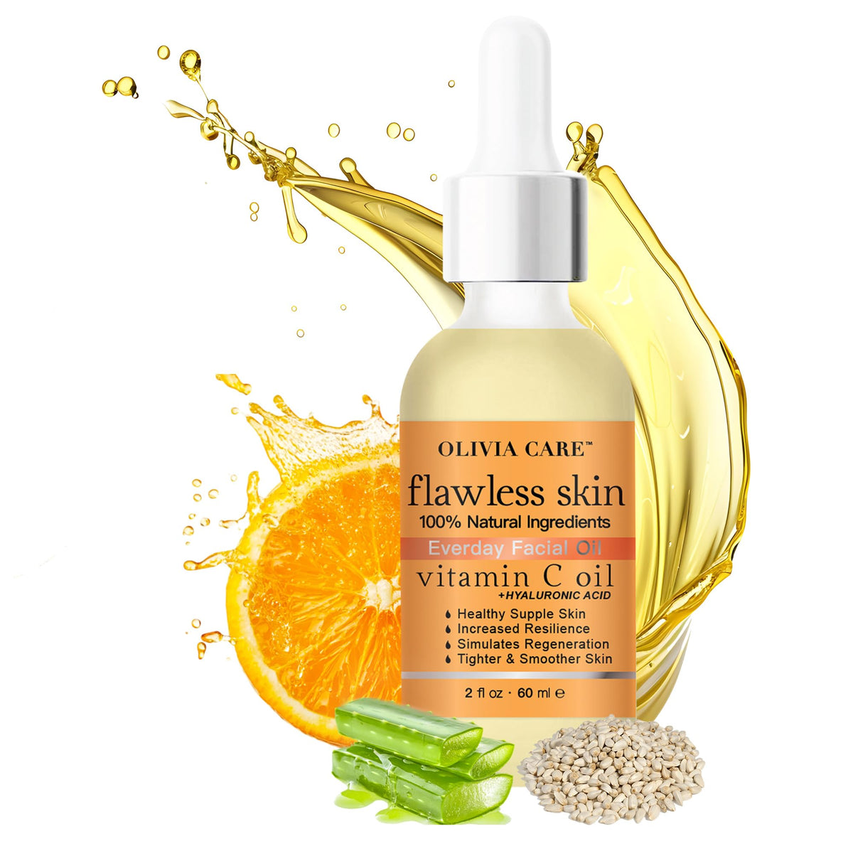 Olivia Care Vitamin C + Hyaluronic Oil bottle highlights boosted hydration for daily radiant skin.